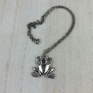 Vintage Silver toneFrog Pendant Necklace signed JJ